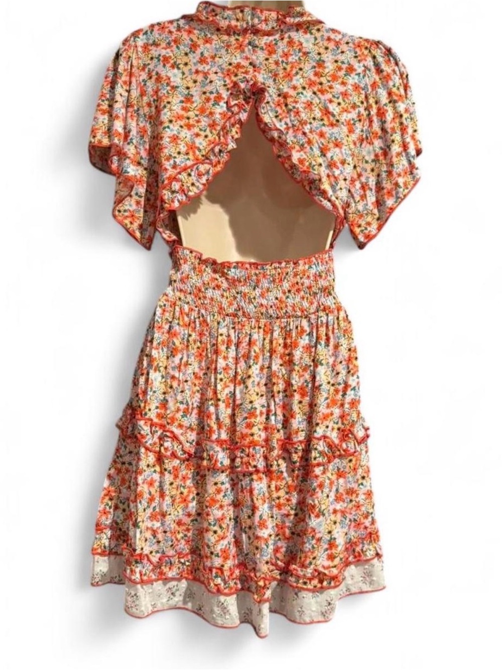 POL Floral Open Back Boho Mini Dress Ruffle Tiered Cottagecore Small Open Back - Picture 6 of 10